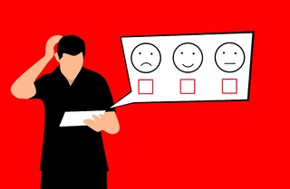 A confused shopper scratching his head over a sad, happy and so-so rating card